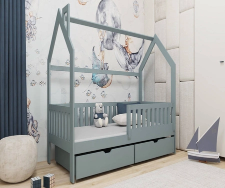 Łóżko drewniane Timon 70x140 cm szare nowoczesny design łóżko dziecięce domek wykonane z litego drewna sosnowego pojemne szuflady