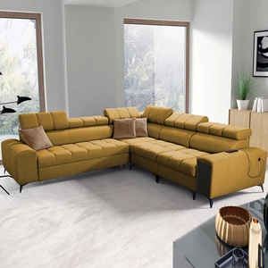 Narożnik z funkcją spania Bolmso III musztardowy prawostronny narożnik z pojemnikami na pościel szuflada z pełnym wysuwem w boczku