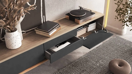 Szafka RTV Frida 180 cm dąb olejowany / antracyt z możliwością powieszenia nowoczesny design szafki pod telewizor z szufladami bezuchwytowe fronty