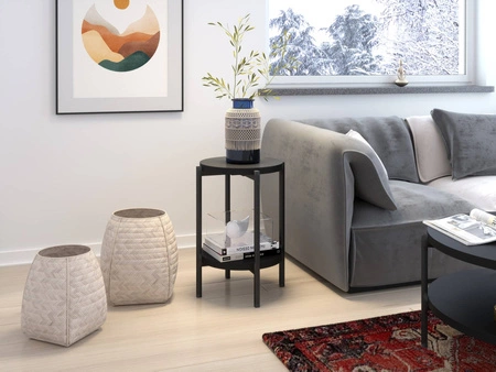 Stolik kawowy okrągły 44 cm Sampi czarny z dodatkową półką lekki design solidna metalowa podstawa zachwycająca ozdoba każdego wnętrza