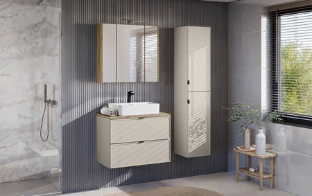 Szafka łazienkowa wisząca Bella 35 cm beżowa niewielka szafka do łazienki o nietuzinkowym charakterze możliwość wyboru koloru uchwytów