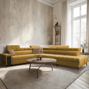 Narożnik z funkcją spania Bolmso XII musztardowy prawostronny nowoczesny design narożnik zapewnia komfort obszerne pojemniki na pościel