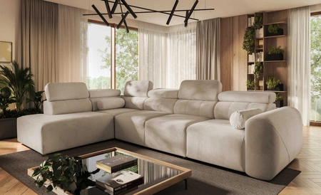 Narożnik z funkcją spania Cantare XI beżowy lewostronny funkcjonalny i komfortowy narożnik o nowoczesnym designie pluszowa tkanina