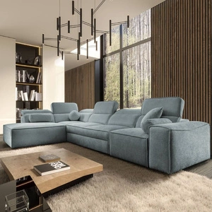 Narożnik z funkcją spania Viano XI szary błękit lewostronny modny i stylowy narożnik z regulowanymi zagłówkami ozdobne poduszki