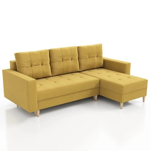 Narożnik z funkcją spania Vaso musztardowy uniwersalny wygodny narożnik do salonu w stylu skandynawskim duży pojemnik na pościel