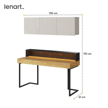 Biurko z nadstawką i szafką wiszącą Teen Flex 150 cm hikora naturalna / silk flou / raw steel nowoczesny design i duża funkcjonalność