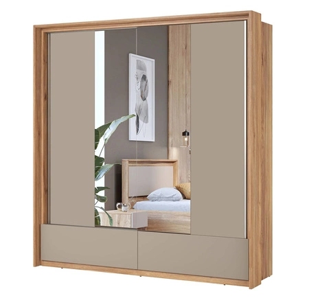 Szafa przesuwna Impressio 209 cm dąb mauvella / ciemny beżowy pojemna szafa z lustrem oraz szufladami świetnie sprawdzi się w sypialni czy garderobie
