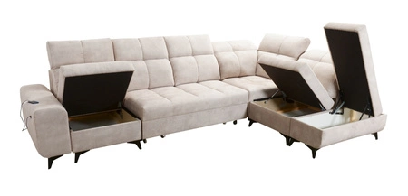 Narożnik z funkcją spania Buffalo XI zielony prawostronny stylowy narożnik rozkładany z trzema pojemnikami na pościel welurowa tkanina