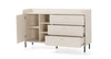 Komoda z szufladami Ferdi 154 cm beż piaskowy elegancka komoda do salonu z metalowymi złotymi uchwytami wysokie ranty blatu