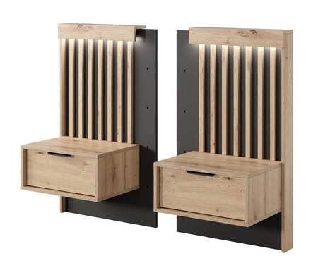 Łóżko Tipler 160x200 cm z pojemnikiem na pościel i szafkami nocnymi dąb artisan / antracyt tapicerowany zagłówek oświetlenie LED