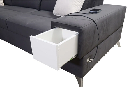 Narożnik z funkcją spania Elgin turkusowy lewostronny narożnik z regulowanymi zagłówkami praktyczne szuflady w boczkach mebla