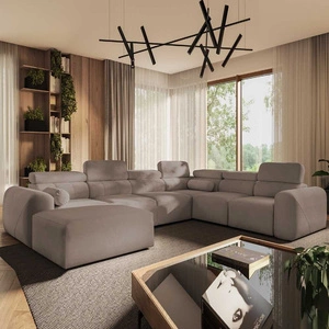 Narożnik z funkcją spania Cantare VIII ciemny beż lewostronny gustowny narożnik z regulowanymi zagłówkami pojemniki na pościel