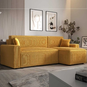 Narożnik z funkcją spania Brandon Bis miodowy prawostronny trójwymiarowa tkanina o wyrazistych prążkach pojemnik na pościel