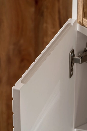 Zestaw mebli łazienkowych Viva beżowy / dąb coast evoke stylowe szafki z ciekawym frezowaniem w kształcie jodełki modna kolorystyka