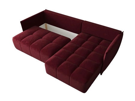 Narożnik z funkcją spania Oroso bordowy prawostronny miękka tkanina typu velvet z powłoką hydrofobową pojemnik na pościel