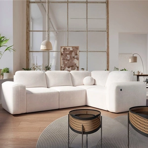 Narożnik z funkcją spania Arbon II kremowy prawostronny stylowe wzornictwo charakterystyczny obły kształt pojemnik na pościel