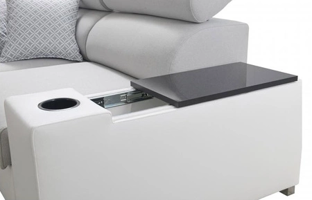 Narożnik z funkcją spania Provo III siwy / biały prawostronny narożnik z pojemnikiem na pościel i regulowanymi zagłówkami