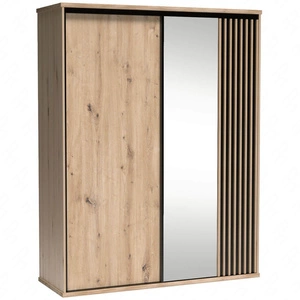 Szafa przesuwna z lustrem Cali 179 cm dąb artisan / czarny stylowa szafa z lamelami w kolorze drewna idealna szafa do sypialni czy garderoby