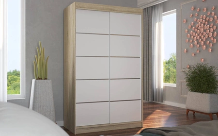 Szafa przesuwna Benisso 120 cm dąb sonoma jasny / biały praktyczna szafa do sypialni fronty wykończone poziomymi srebrnymi listwami