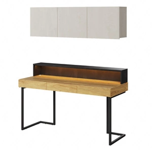 Biurko z nadstawką i szafką wiszącą Teen Flex 150 cm hikora naturalna / silk flou / raw steel nowoczesny design i duża funkcjonalność