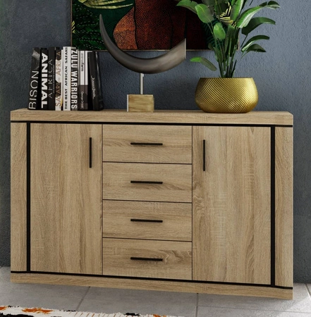 Komoda z szufladami Dallas 137 cm dąb sonoma / czarny elegancka stylistyka mebla wzbogacona o stylowe czarne dodatki idealna komoda do salonu
