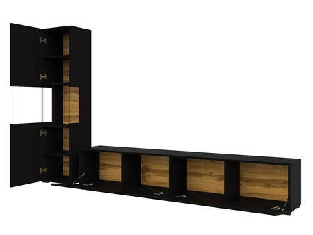 Meblościanka Ava czarna / dąb wotan z możliwością powieszenia nowoczesny design szkło hartowane