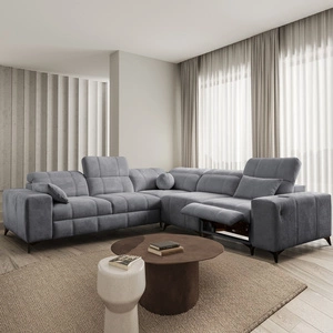 Narożnik z funkcją spania Penejos III Lux szary prawostronny komfortowy narożnik do salonu z wysuwanym podnóżkiem pojemnik na pościel