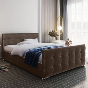 Łóżko tapicerowane Verlan 140x200 jasny brąz z pojemnikiem w nowoczesnym skandynawskim stylu z pikowanym zagłówkiem oraz zanóżkiem