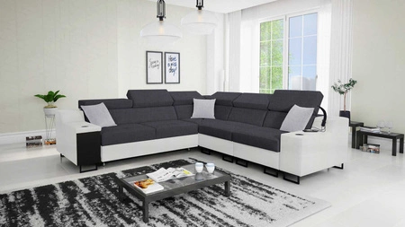 Narożnik z funkcją spania Alcamo III grafitowy / biały prawostronny funkcjonalny narożnik z szufladą w boczku dwa pojemniki na pościel