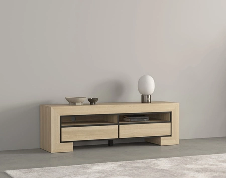 Szafka RTV Cuba 160 cm dąb samdal gustowna stylistyka szafki wzbogacona o stylowe czarne dodatki idealna do salonu frezowane uchwyty