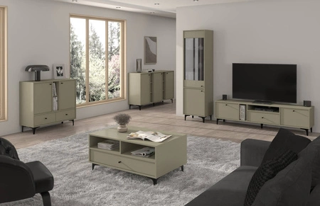 Komoda Kioto I 158 cm eukaliptus nowoczesny design subtelne uchwyty prosta forma wzbogacona o metalowe czarne elementy