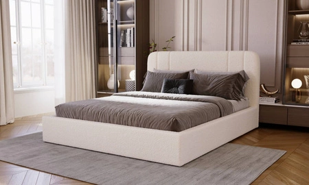 Łóżko tapicerowane Apis 140x200 kremowe stylowe łóżko z pojemnikiem na pościel wygodny zagłówek zachwyca eleganckim designem