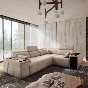 Narożnik z funkcją spania Tesalia II beżowy prawostronny komfortowy narożnik do salonu z przesuwanym oparciem pojemnik na pościel