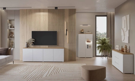 Zestaw mebli Modo biały / dąb mauvella prosta forma w nowoczesnym wydaniu zachwyci miłośników minimalistycznych wnętrz frezowane uchwyty