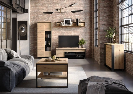 Szafka RTV Quant 155 cm dąb artisan / czarny oryginalny design szafka pod telewizor w stylu loftowym subtelne oświetlenie LED