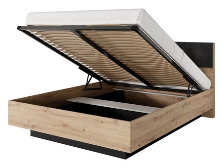 Łóżko Tipler 160x200 cm z pojemnikiem na pościel i szafkami nocnymi dąb artisan / antracyt tapicerowany zagłówek oświetlenie LED