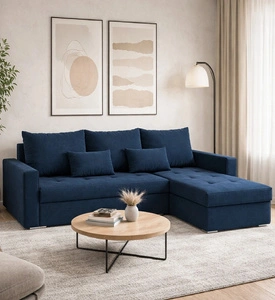 Narożnik z funkcją spania Fasti Bis granatowy uniwersalny narożnik z pojemnikiem na pościel gwarancja najwyższego komfortu