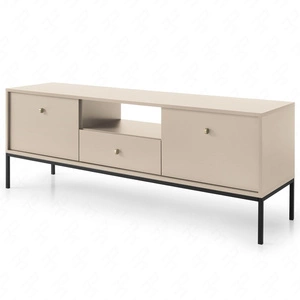 Szafka RTV Mono 154 cm beżowa minimalistyczny design prosta forma wzbogacona o metalowe elementy stylowy złoty uchwyt