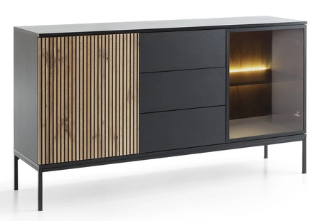 Komoda z szufladami Amma 154 cm czarny / dąb wotan wyjątkowy design dekoracyjne ryflowane i przeszklone fronty komody