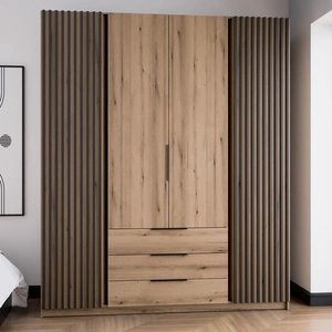 Szafa Kastano IV 200 cm dąb evoke nowoczesny design drzwi szafy ozdobione czarnymi lamelami metalowe uchwyty krawędziowe