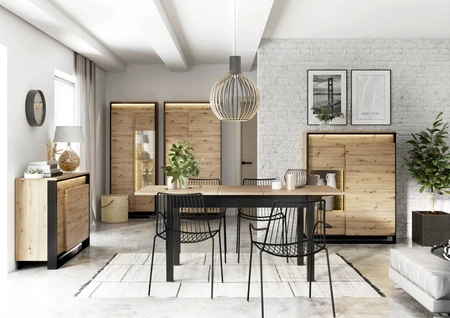 Komoda z szufladami Quant 130 cm dąb artisan / czarny nowoczesny design komoda z oświetleniem LED i frontami w ciekawej konfiguracji