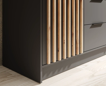 Szafa z lustrem Neri 200 cm grafitowa stylowe lamele zdobiące drzwi szafy pojemne szuflady uchwyty krawędziowe