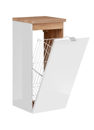 Szafka łazienkowa wisząca Capri 35 cm biały połysk / dąb craft złoty funkcjonalna szafka wyposażona w kosz na pranie metalowy uchwyt