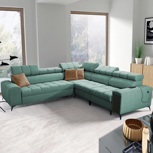 Narożnik z funkcją spania Bolmso III miętowy prawostronny narożnik z pojemnikami na pościel szuflada z pełnym wysuwem w boczku mebla