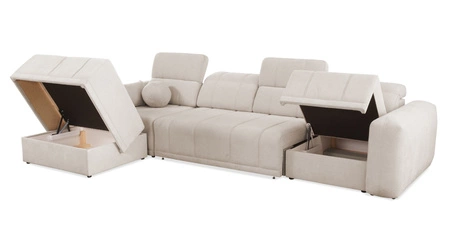 Narożnik z funkcją spania Cetara XII szary lewostronny stylowy design komfortowe przesuwane oparcia dwa pojemniki na pościel