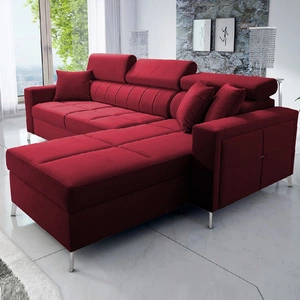 Narożnik z funkcją spania Nausa bordowy prawostronny velvet stylowy komfortowy narożnik regulowane zagłówki pojemnik na pościel