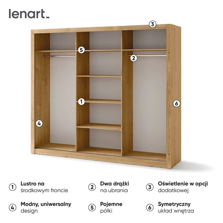 Szafa przesuwna z lustrem Idea 250 cm dąb shetland estetycznie wykonana szafa do sypialni lub pokoju młodzieżowego srebrne uchwyty