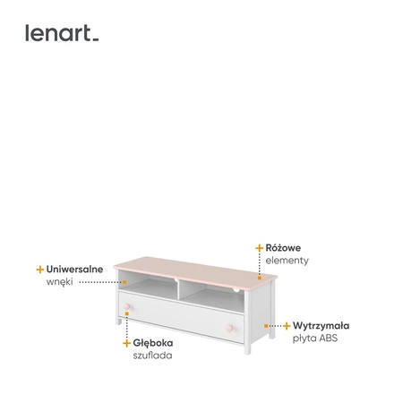 Szafka RTV Luna 120 cm biały / różowy stylowa szafka pod telewizor idealna do pokoju dziewczęcego o subtelnym wykończeniu