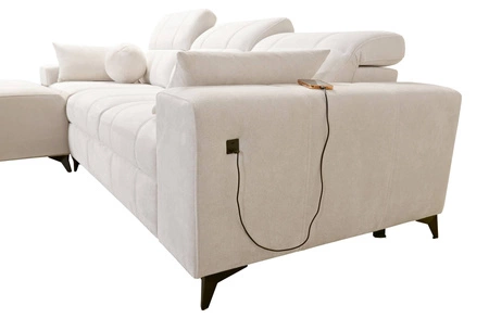 Narożnik z funkcją spania Penejos ciemny beżowy lewostronny elegancki narożnik z pojemnikiem na pościel regulowane zagłówki