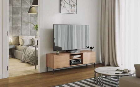 Szafka RTV Tutti 150 cm dąb hikora elegancki design szafki metalowa solidna podstawa drzwi otwierane za pomocą systemu push to open